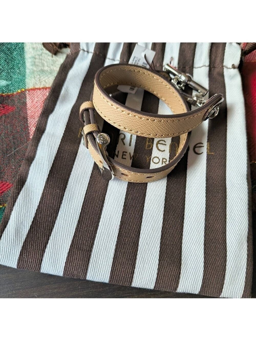 Henri Bendel Beige Leather Wrap Bracelet Silver